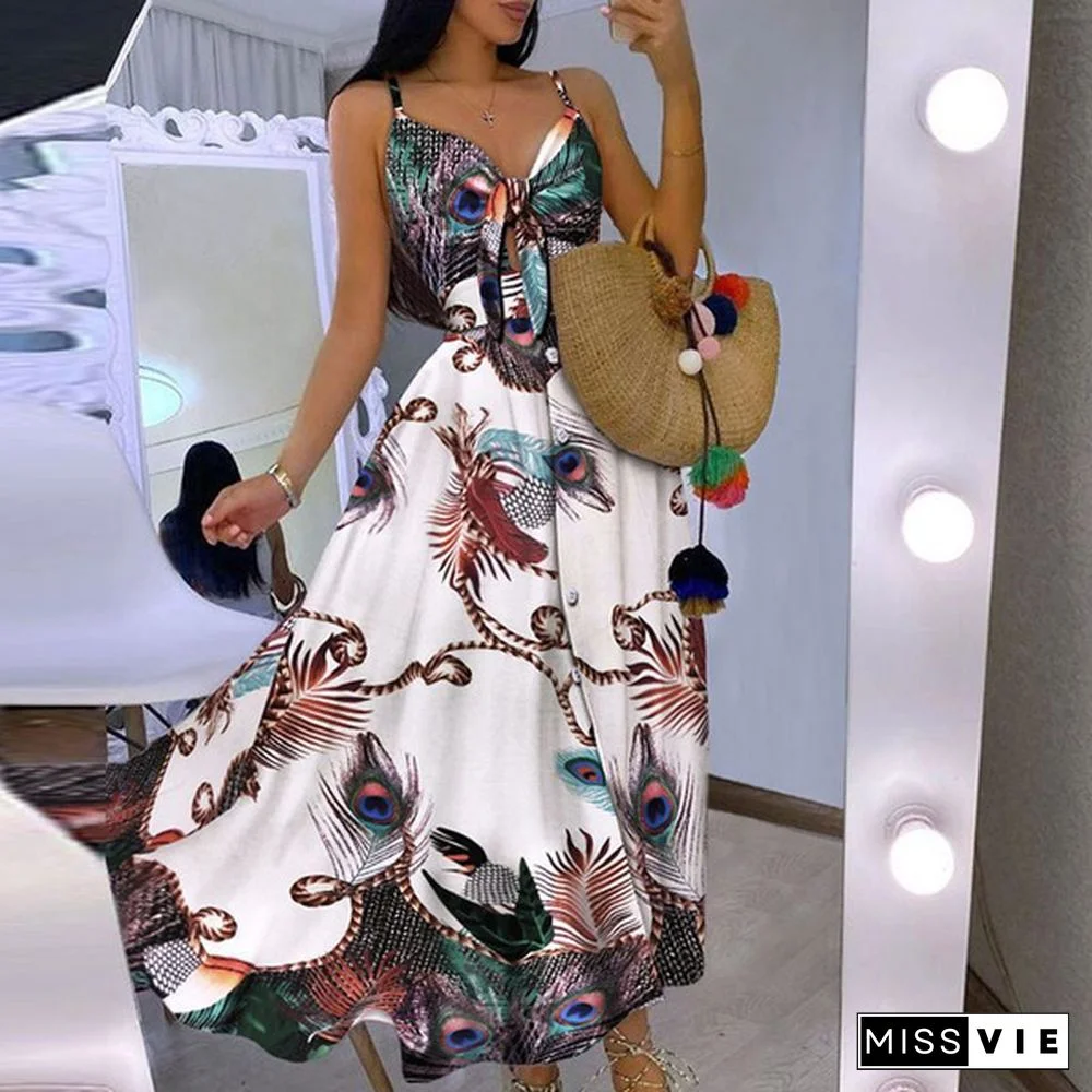 Women Fashion V-neck Tie Waist Floral Sling Dress