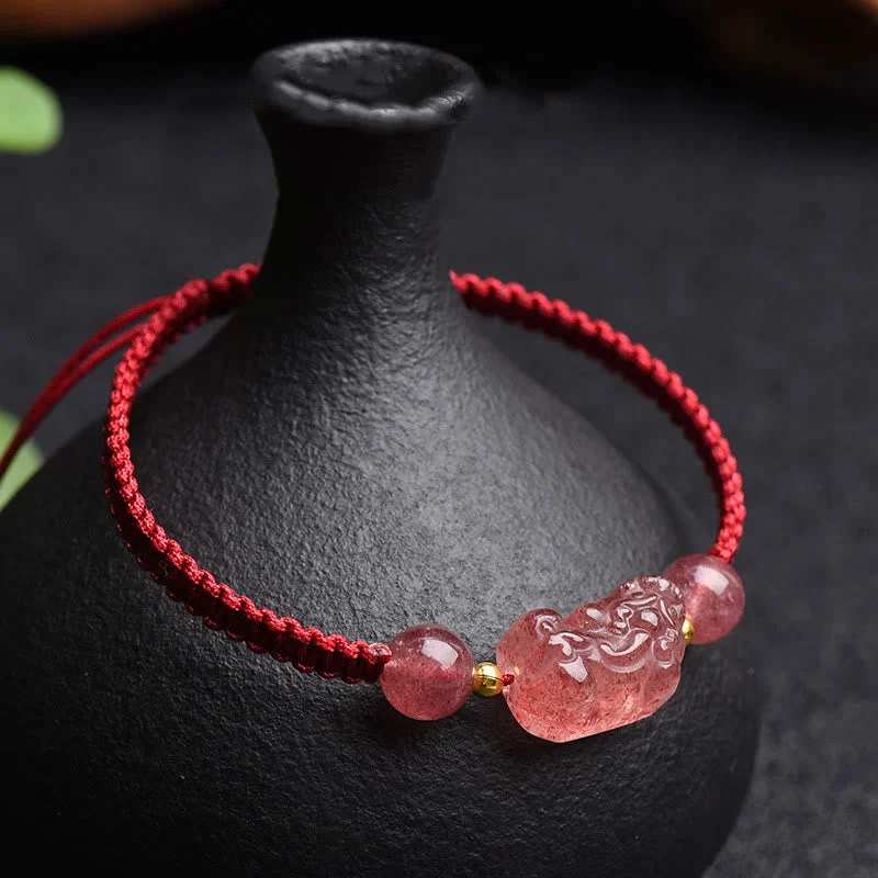 Natural Strawberry Quartz PiXiu Lucky Red String Bracelet