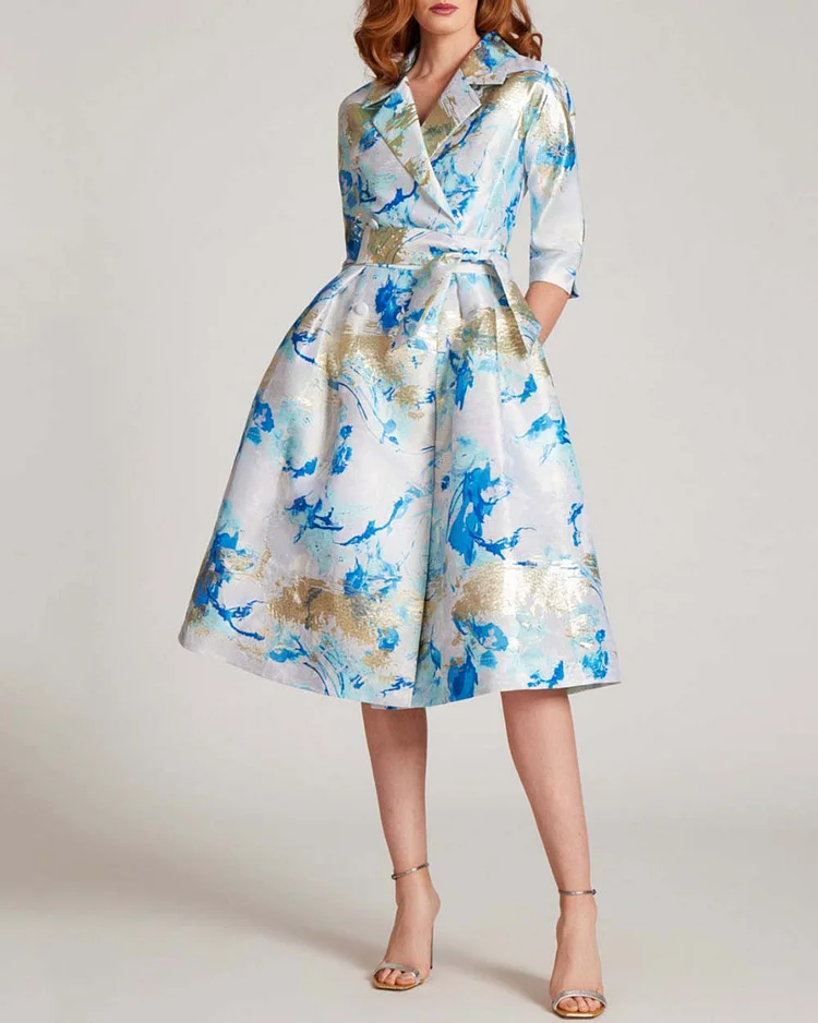 Metallic Jacquard Abstract Pattern Coat Dress