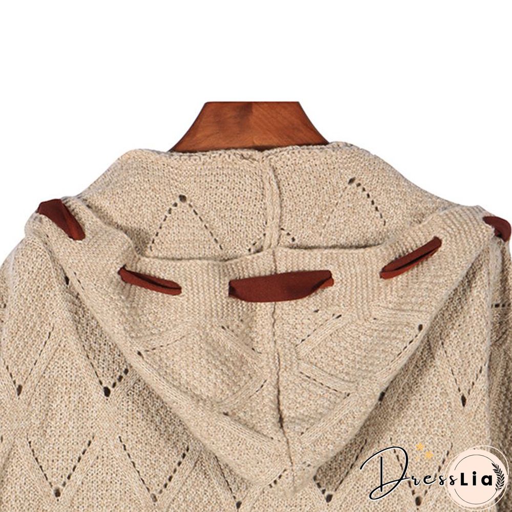 Elegant Hollow Out Braided Long Cardigan Sweater Coat With Hood