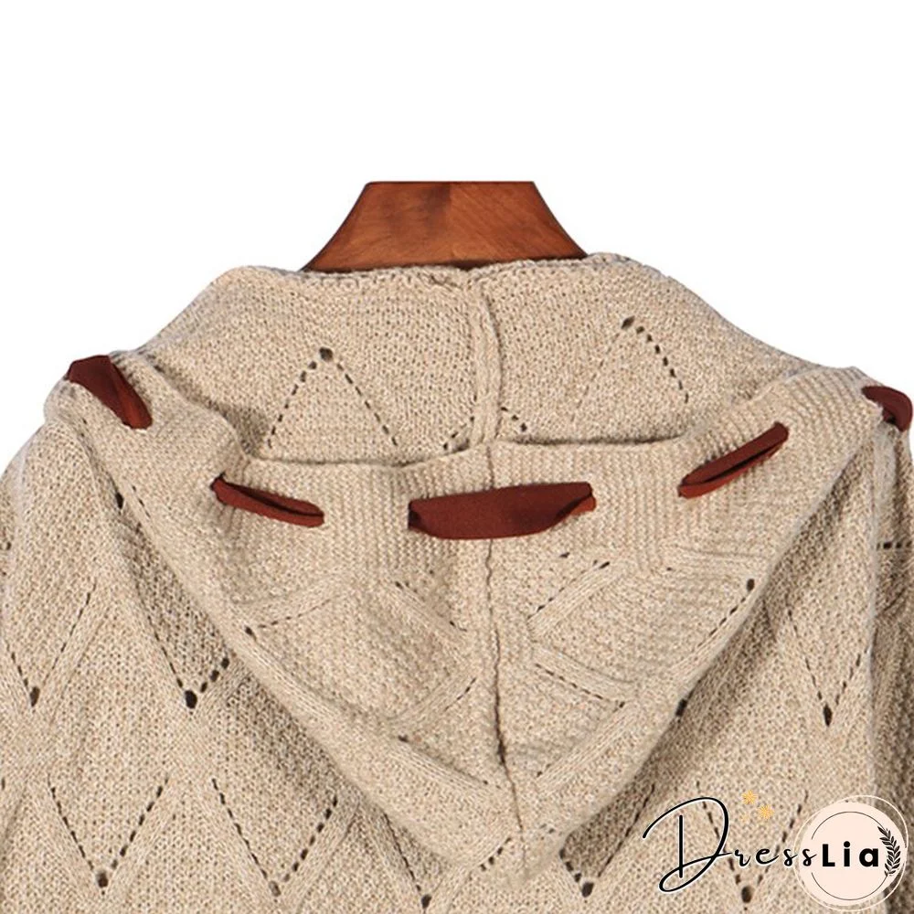 Elegant Hollow Out Braided Long Cardigan Sweater Coat With Hood