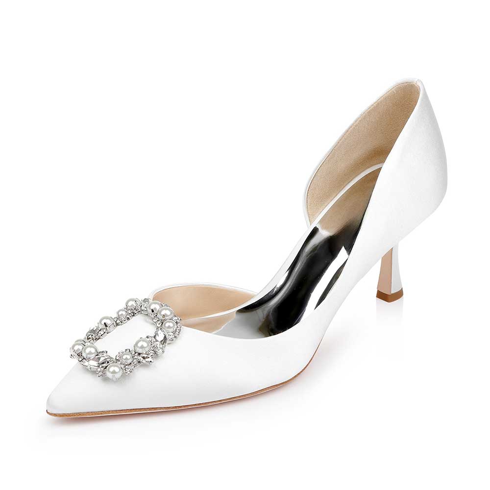White Satin Pointed Rhinestone Embellished Buckle Inlay Bridal Pumps  Nicepairs