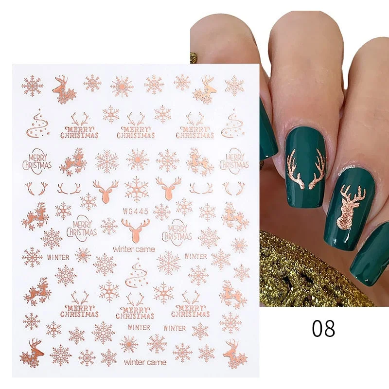 Winter Xmas Nail Art Sticker Gold Sliver Red 3D Bronzing Christmas Elk Santa Snowflake Rabbit Cartoon Slider Design Polish Decor-Nail Inspo