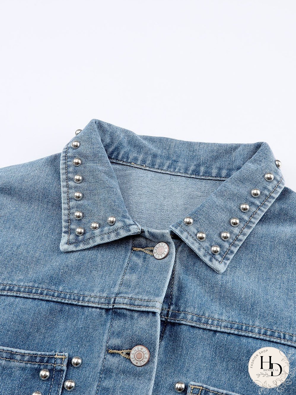 Sky Blue Rhinestone Embellished Denim Shacket
