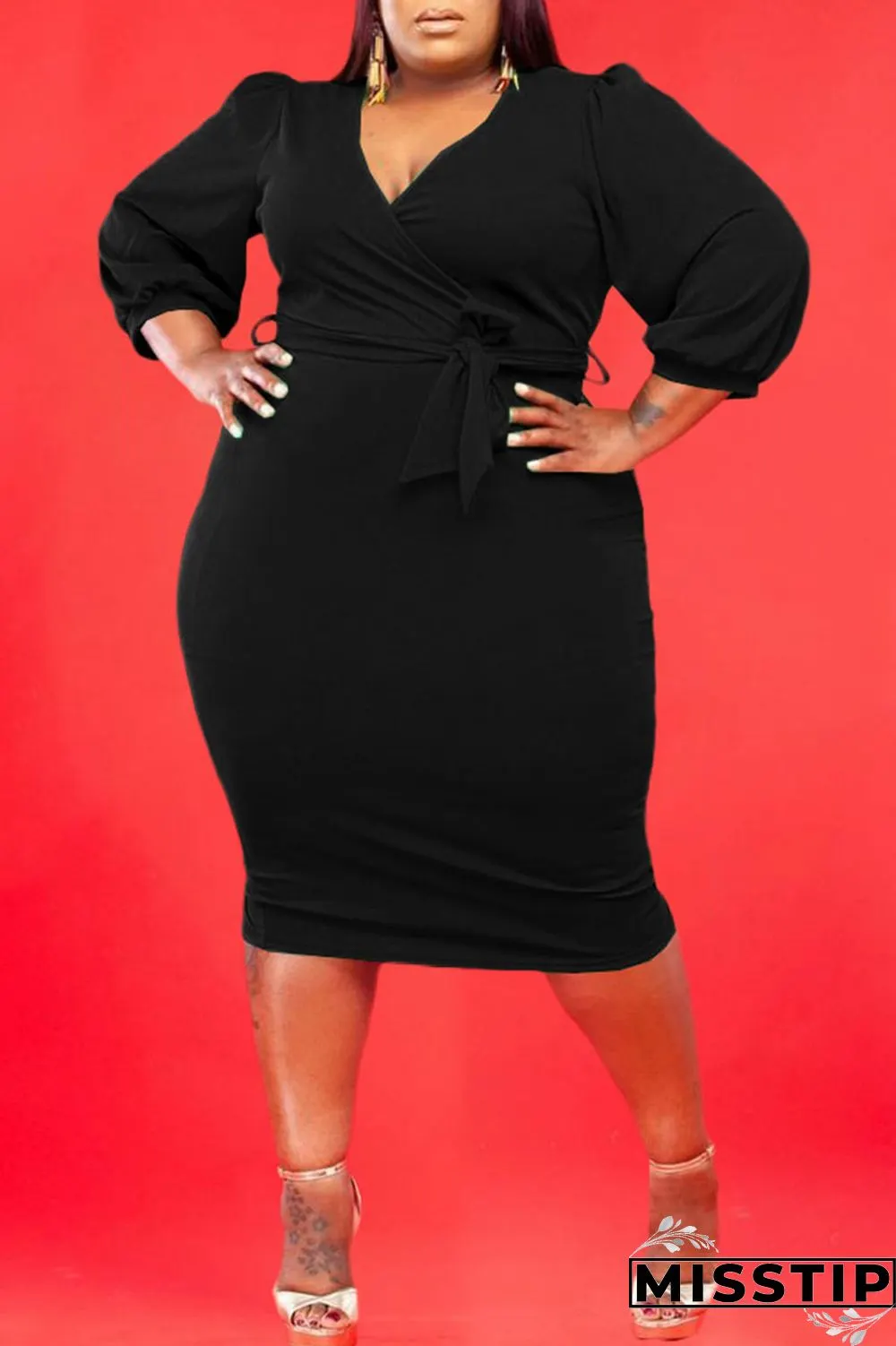 Green Casual Solid Bandage Patchwork V Neck Straight Plus Size Dresses