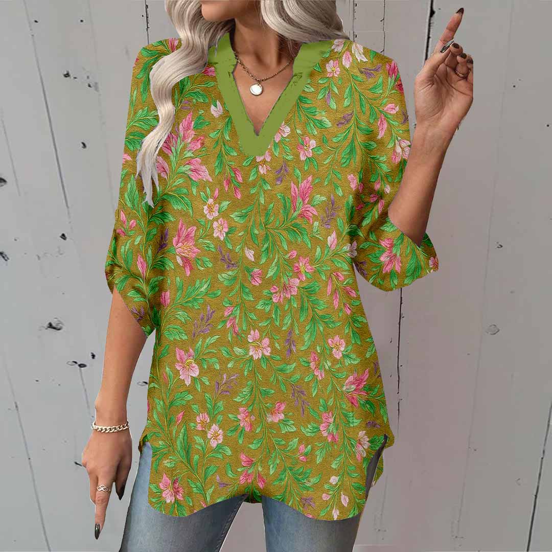 Women Splashed, Green, Pink DZGA0387 3/4 Sleeve V-neck Printed Graphic Button Tops