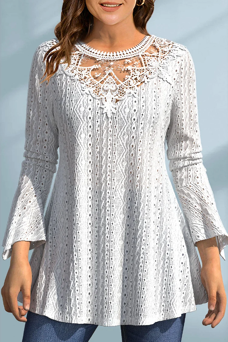 Plus Size Casual White Lace Stitching Hollow Out Long Sleeve Blouse  Flycurvy [product_label]