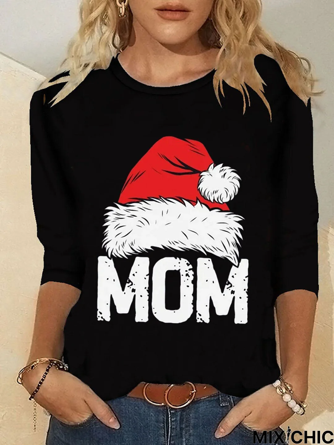 Christmas Xmas Hat Long Sleeve Round Neck Printed Top T-shirt