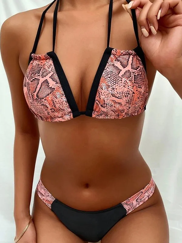 Sexy Snakeskin Printed Backless Halter-Neck Bikini Swimsuit