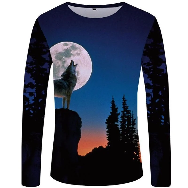 Wolf T-Shirt Men Long Sleeve Shirt Love Streetwear Snow Graphic Mountain Clothes Jungle 3D T-Shirt