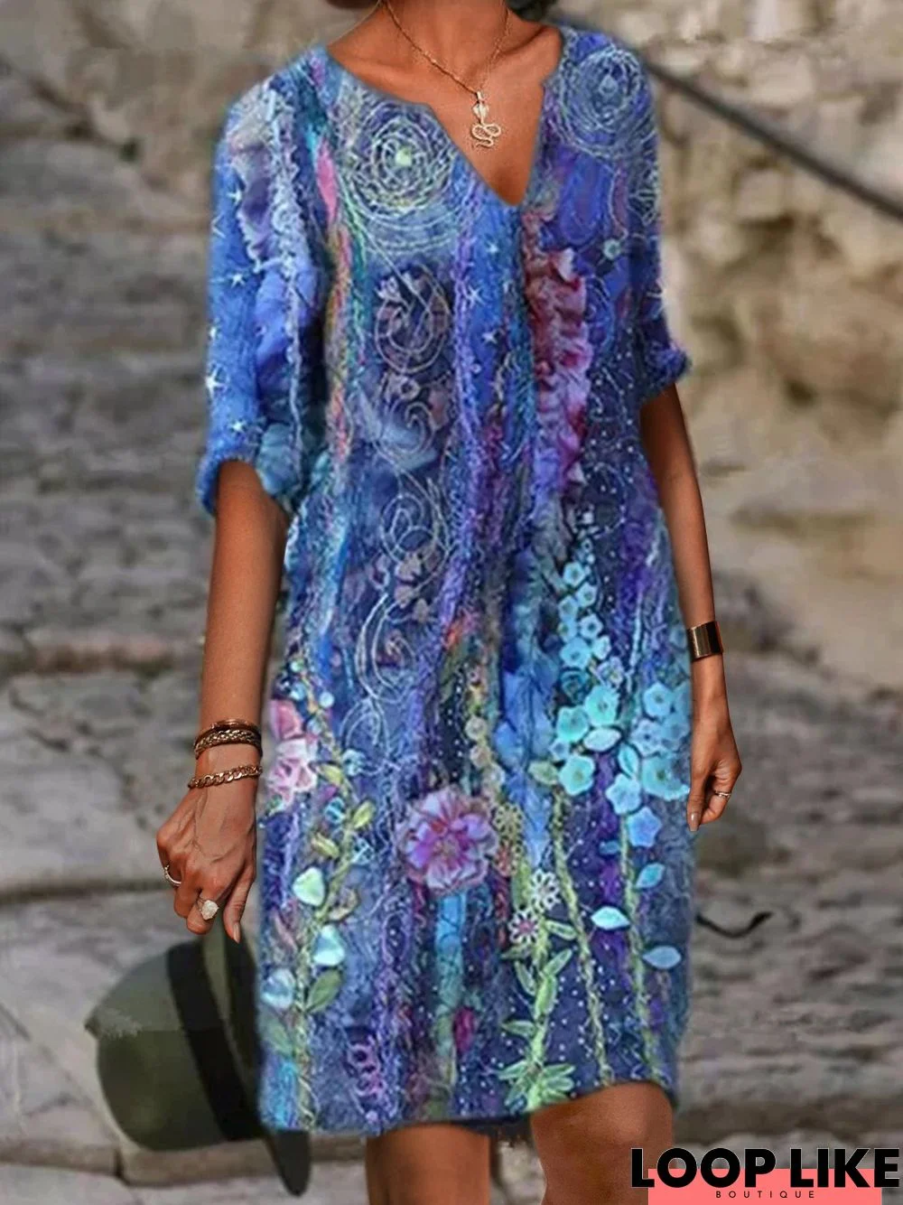 Women Vintage Floral Printed Half Sleeve V Neck Casual Summer Dress