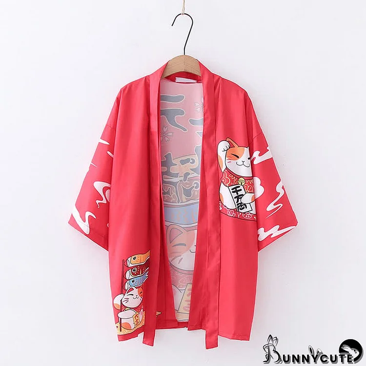 Vintage Lucky Cat Print Japanese Cardigan Kimono Outerwear