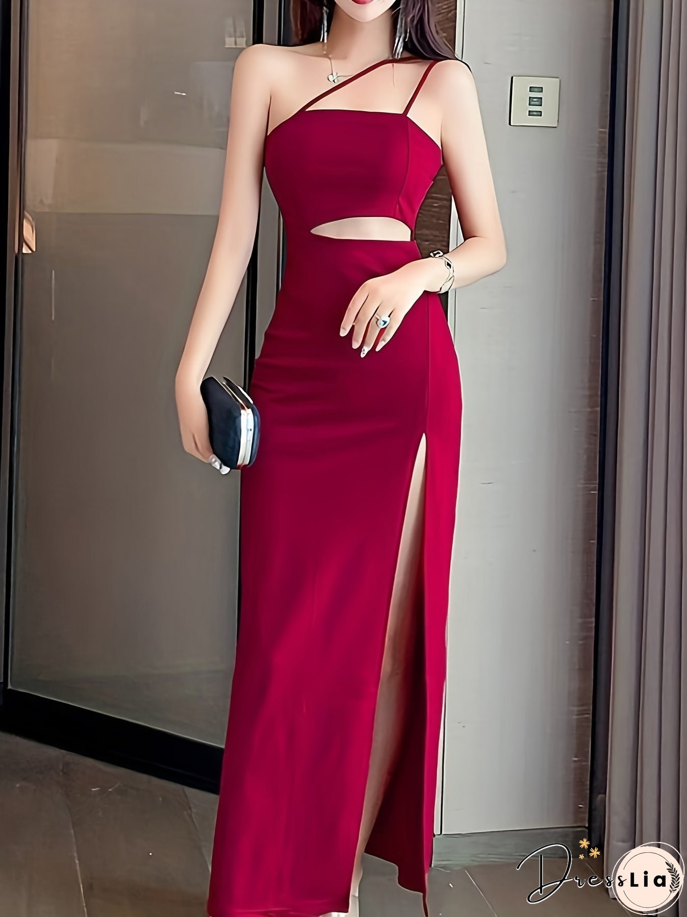 One Shoulder Cut Out Dress, Split Thigh Elegant Sleeveless Dress For Party & Banquet, Women's Clothing