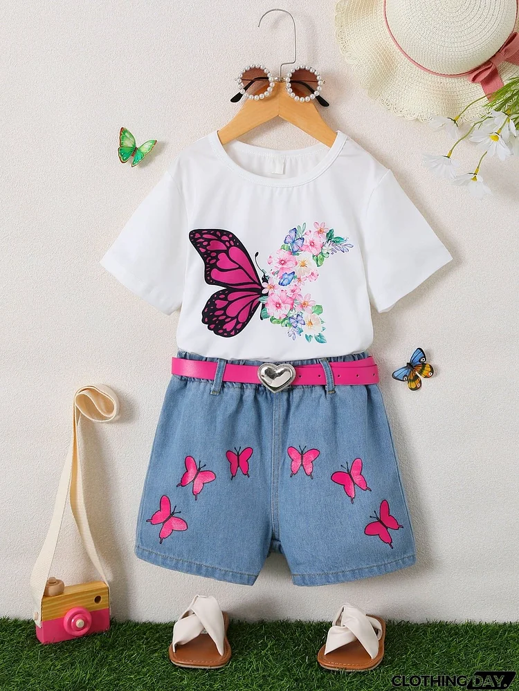 Butterfly Graphic Top and Belted Denim Shorts Set