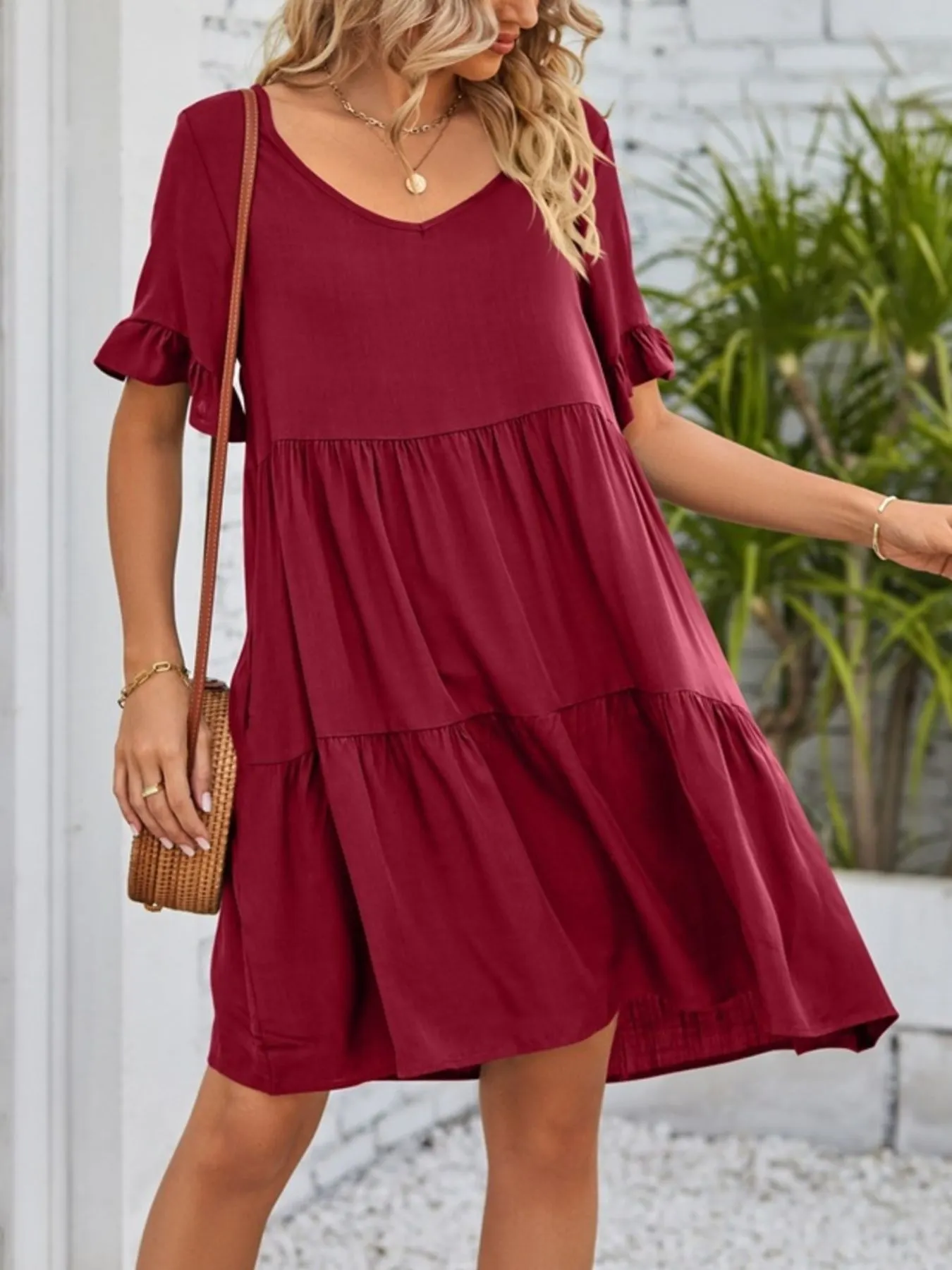 Ruffled Sleeve Tiered Mini Dress mysite idetrend