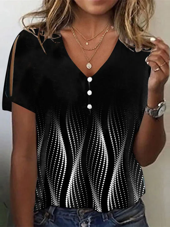Women's Graphic Printed Hollow Short Sleeve V-neck Top