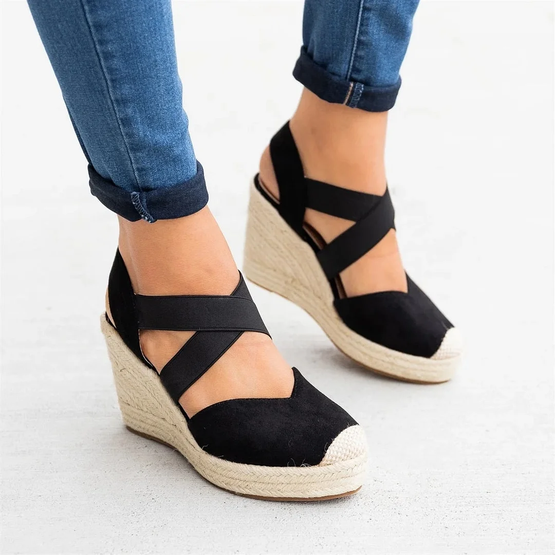 2023 Wedges Women Summer Sandals Thick Bottom Cross Elastic Band High Heel Casual Plus Size Beach Party Ladies Sandals