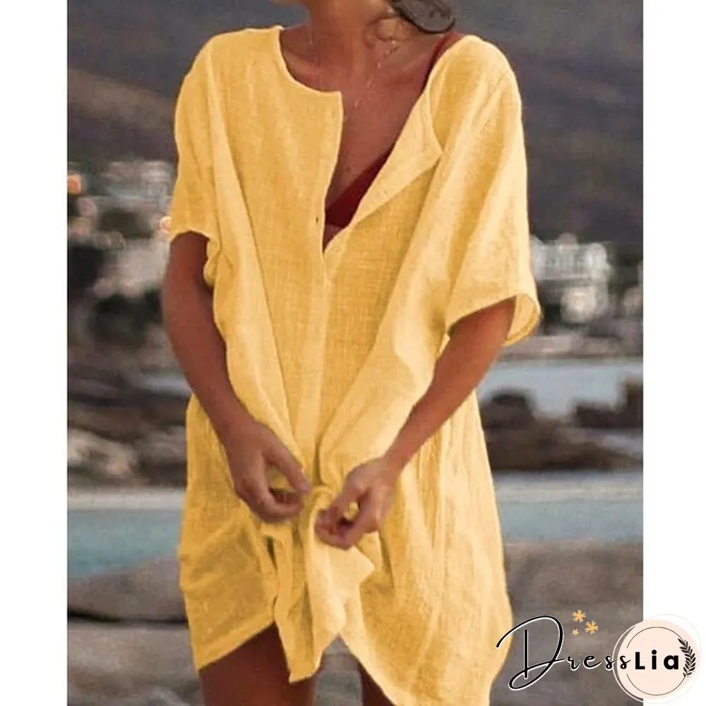Plus Size Fashion Summer Women's Casual Beach Wear Swimwear Cover-up Linen Dress Loose Short Sleeve Deep V-neck Solid Color Mini Party Dress