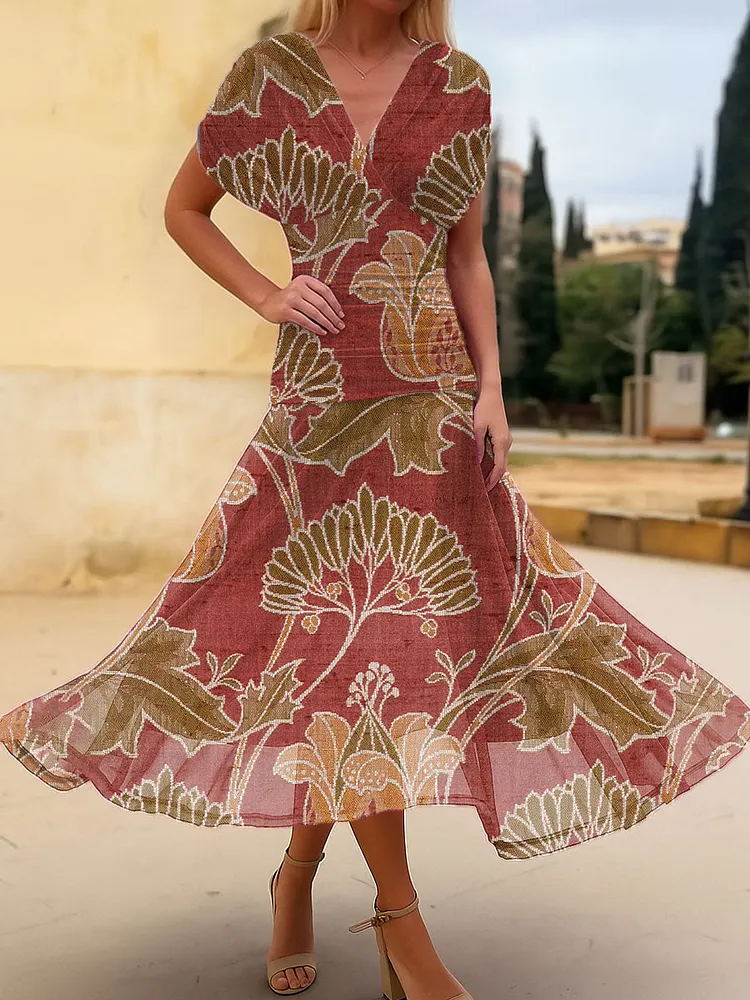 Women's Vintage Flower Art Print Flowy Casual Dress
