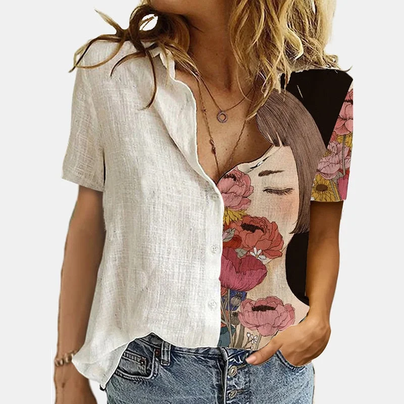 Vintage Women Patchwork Button Short Sleeve Blouse Summer Casual Loose Office Shirt Spring Femme 3XL Cats Printed Shirt Blusas