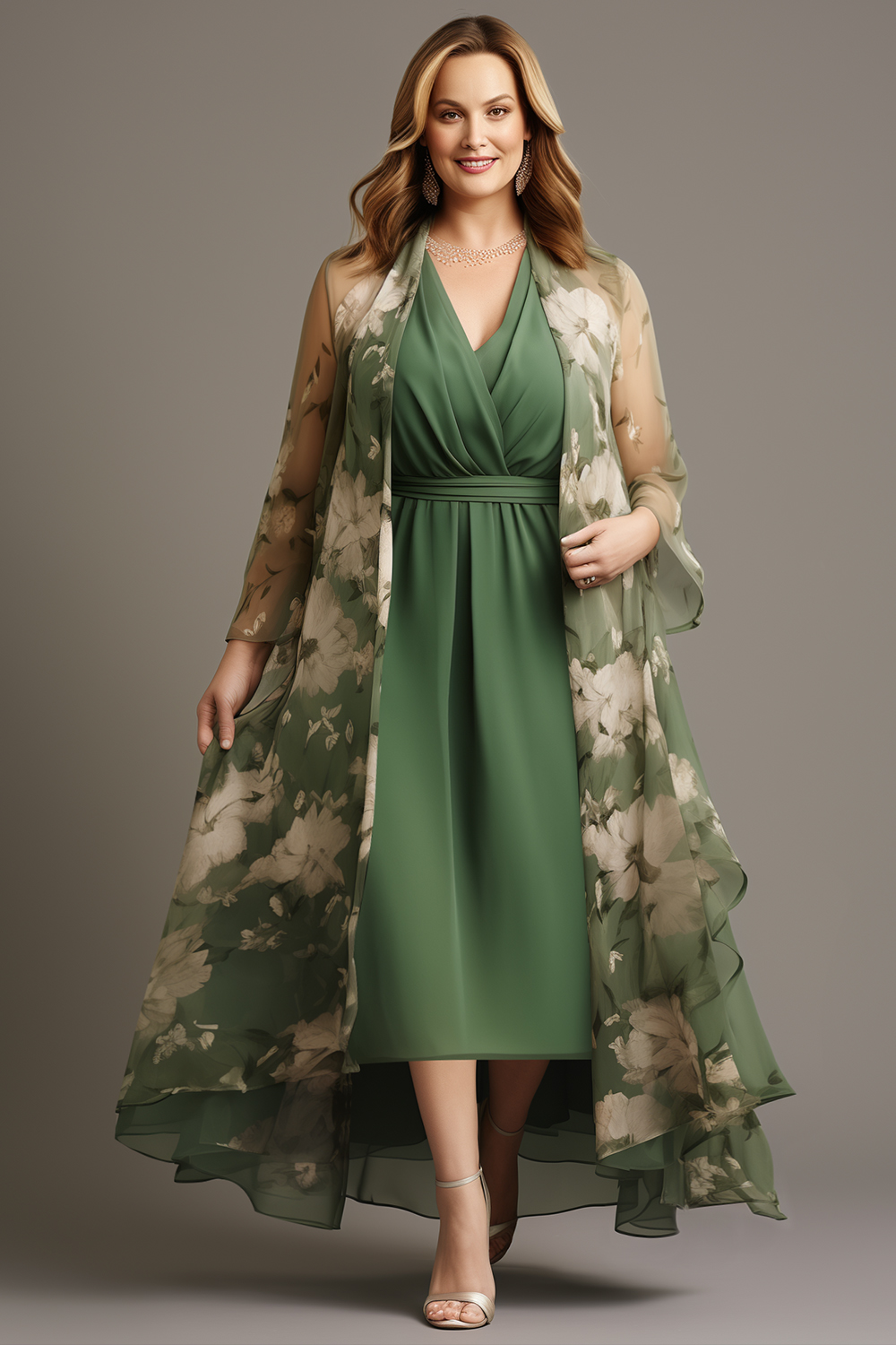 Flycurvy Plus Size Wedding Guest Green Chiffon Floral Print Wrap Two Piece Tea-Length Dress With Long Jacket