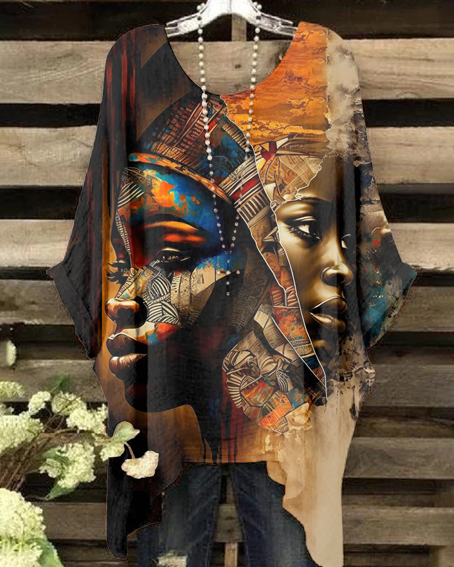 Round Neck Black Woman Mosaic Painting Irregular Shirt