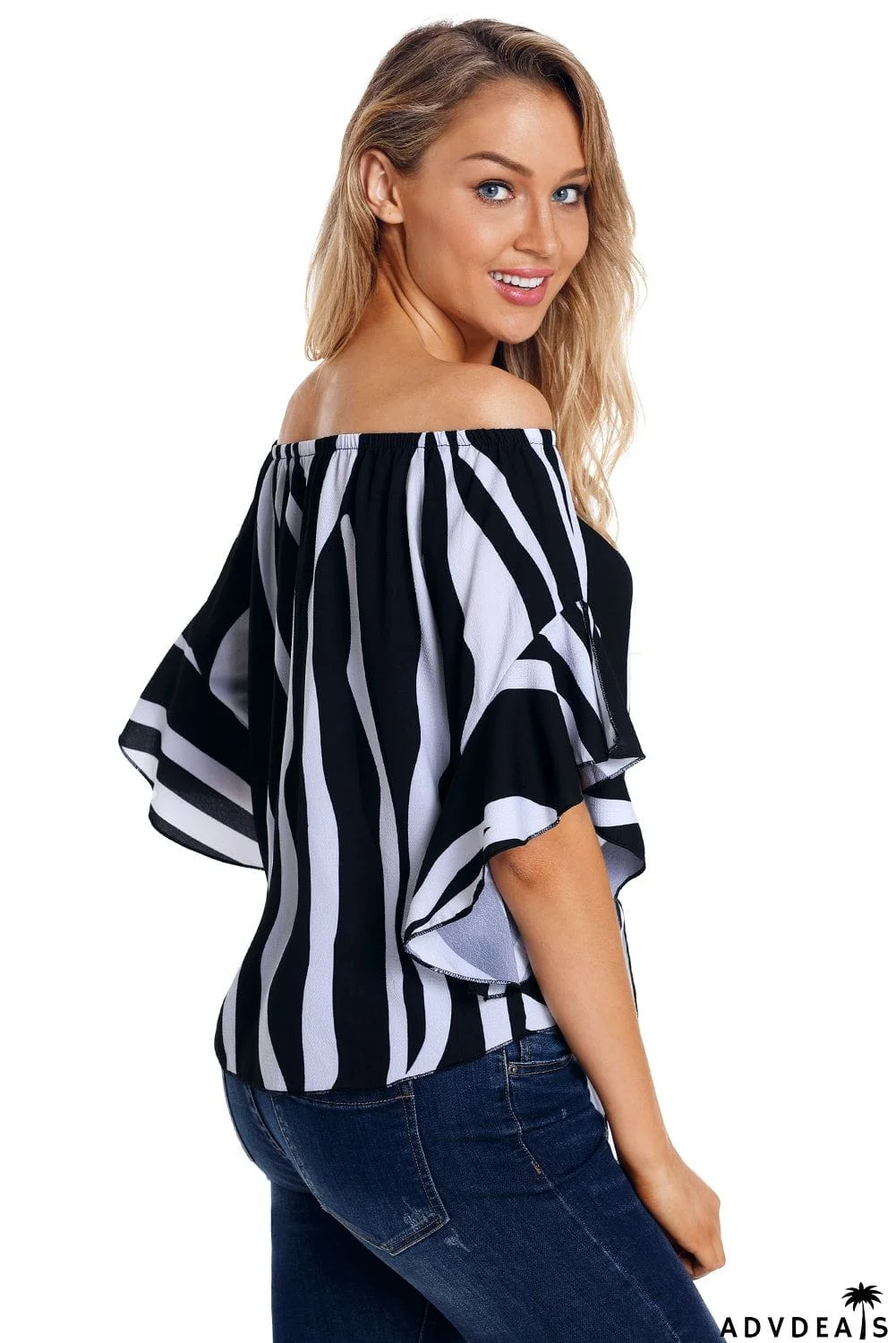 Off The Shoulder Vertical Black White Stripes Blouse