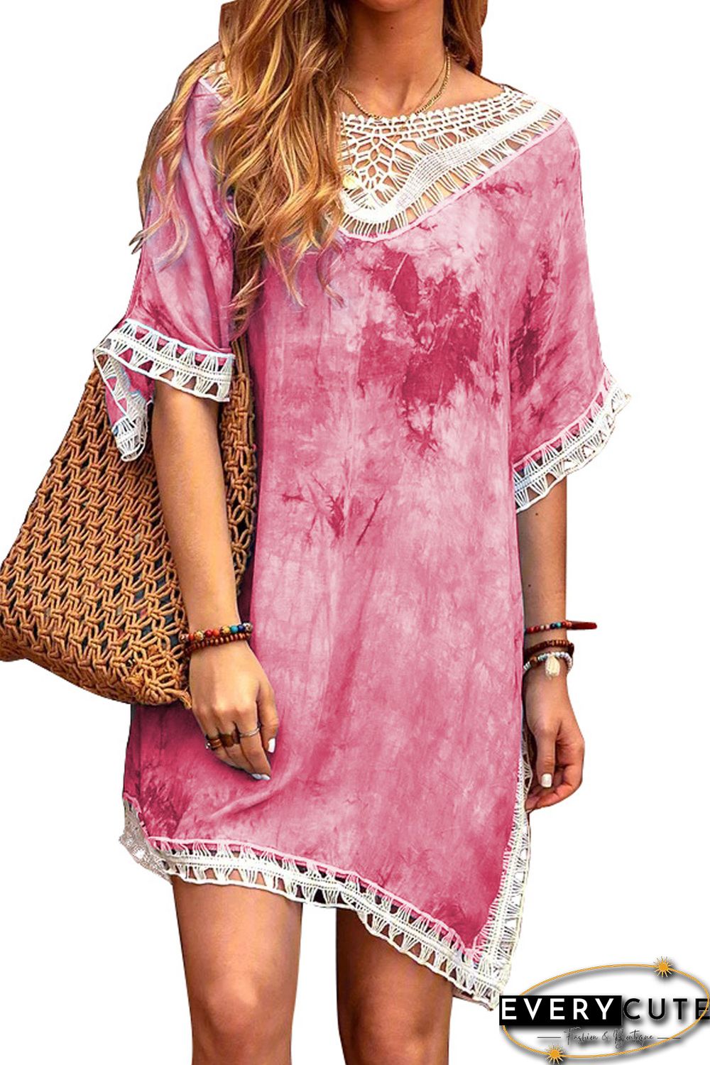 Pink Crochet Tie-dye Beach Dress