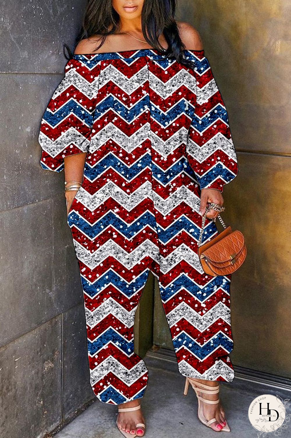 Red Blue Casual Print Backless Off the Shoulder Regular Jumpsuits