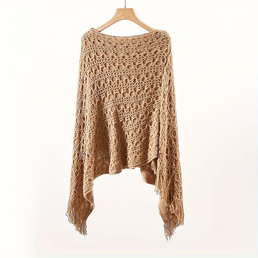 Knit Hollow Out Pullover Poncho Solid Color Tassel Double-layer Outside Wrap Shawl Stylish