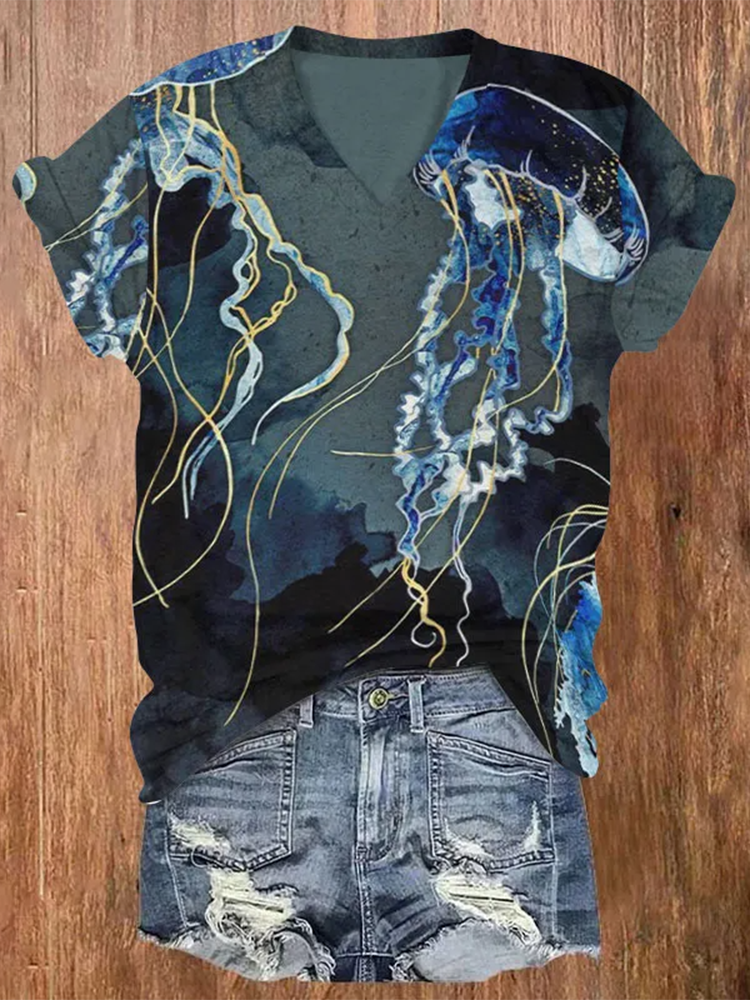 Comstylish Retro Metallic Ocean Jellyfish Art Print V-Neck T-Shirt