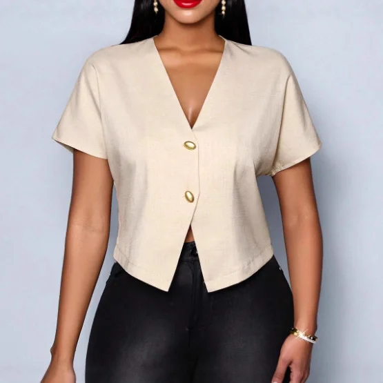 Nigikala Nigikala Solid Color V-Neck Metal Button Asymmetrical Sleeve Shirt