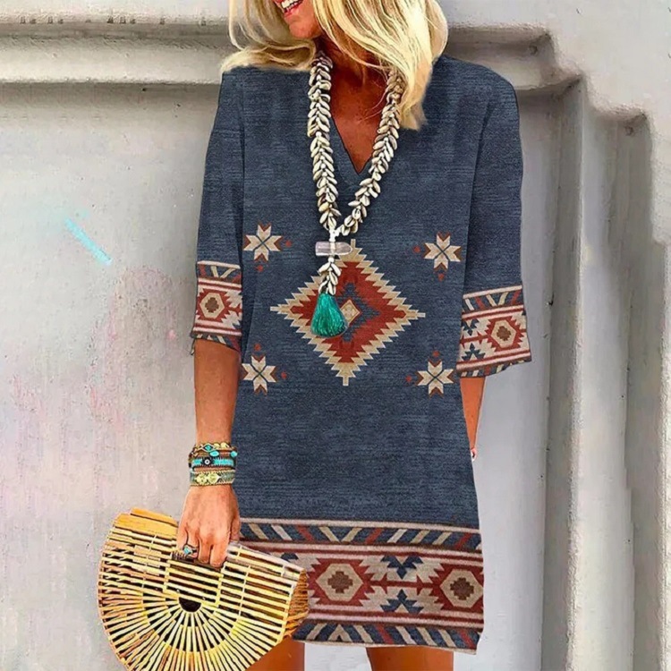 Mature Women's Loose V-Neck Printed Short Sleeve Summer Dress
