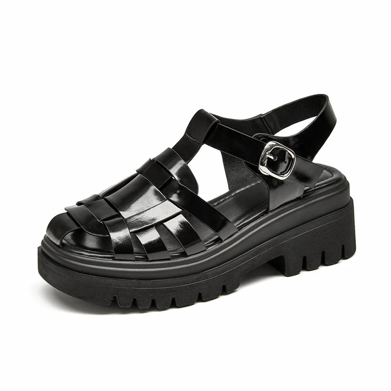 Gladiator Sandals Platform Women Cow Leather Woven Design T-Strap Wedges Retro Summer Ladies Shoes Handmade 38174