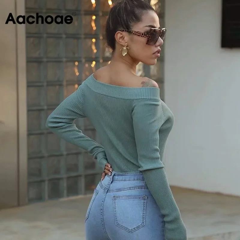 Aachoae Women Sexy Off Shoulder Knitted Bodysuit 2021 Solid Long Sleeve Bodycon Jumpsuit Streetwear Casual Slash Neck Playsuit