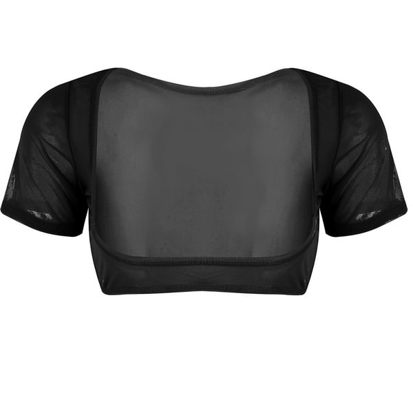 Women's Mesh Sheer Open Bust Short Sleeve Dance Crop Top