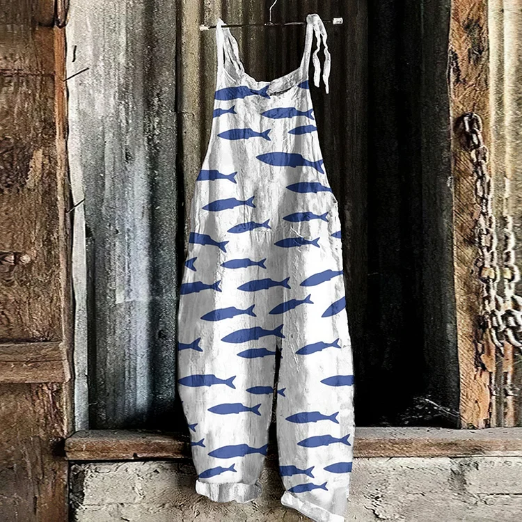 Retro Ocean Fish Art Print Linen Loose Casual Jumpsuit