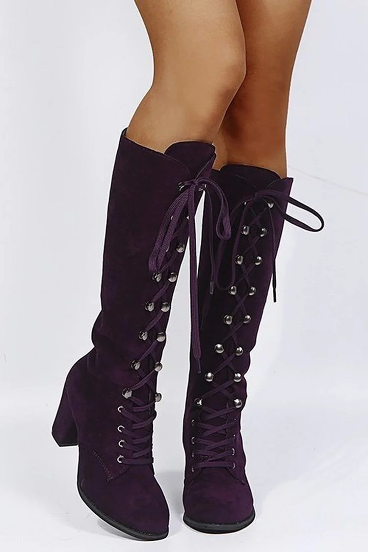 Vintage Black Lace Up Chunky Heel High Top Boots 2024 - Xpluswear