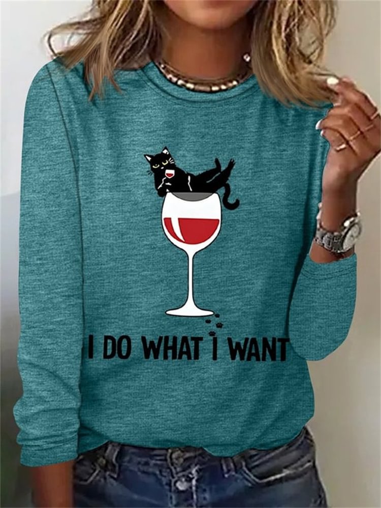Comstylish I Do What I Want Wine Glass Cat Long Sleeve T Shirt