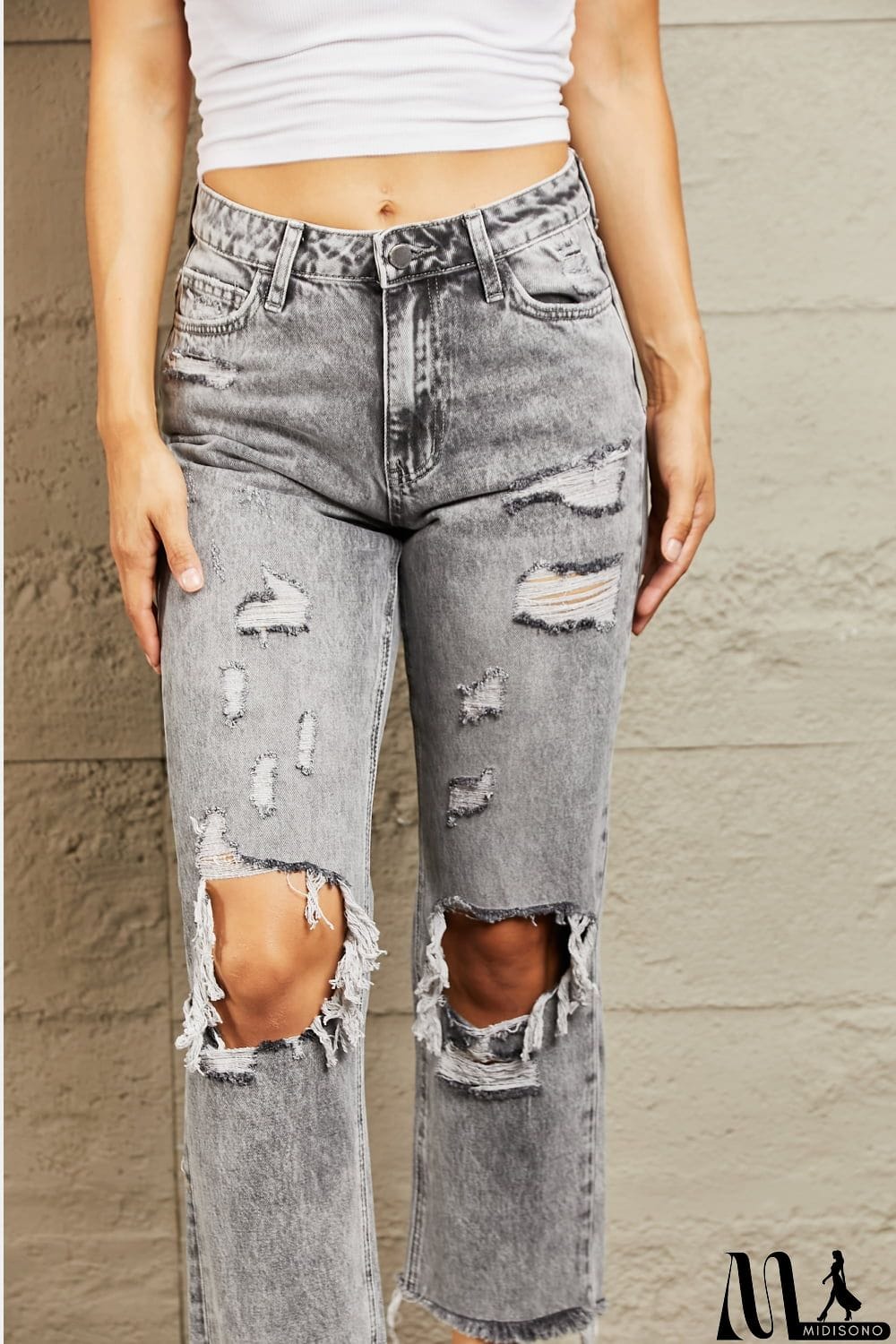 MidiSono - BAYEAS Acid Wash Distressed Straight Jeans