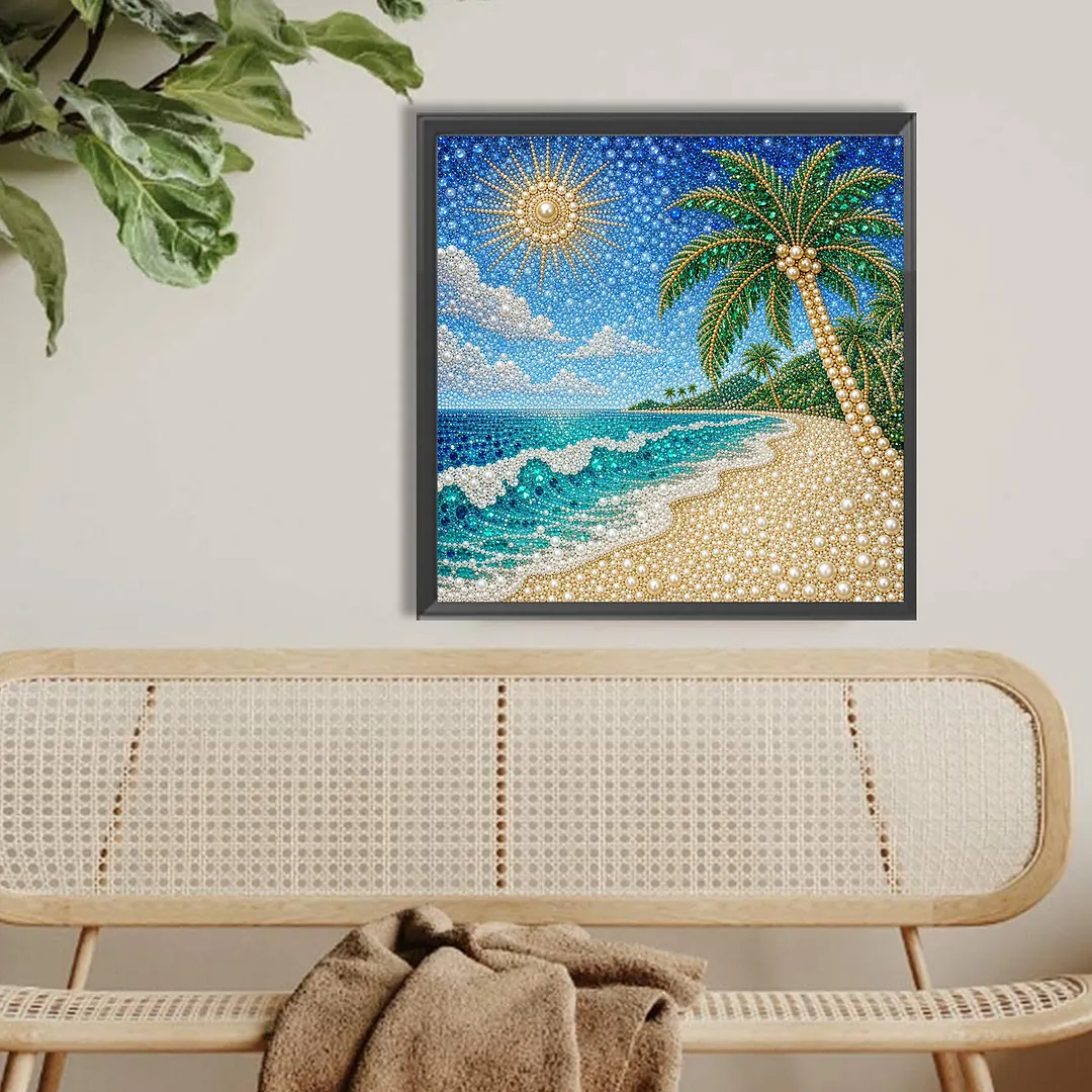 Summer Beach Pearl Full DIY 5D Round Drill Gem Art Diamond Painting Kits 15.75x15.75 in Diamond Dots Paintings Picture Arts Craft Diamond Art Kits for Adults Beginner Home Wall Decor