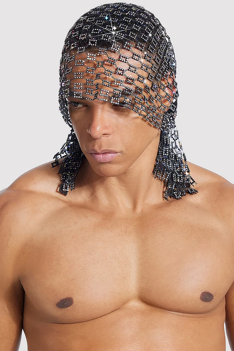 Fishnet Rhinestone Pattern Festival Black Kerchief Hat