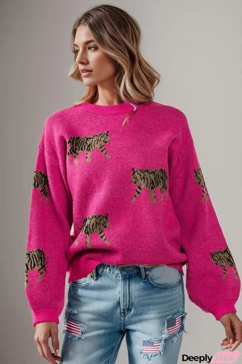 Tiger Pattern Round Neck Drop Shoulder Sweater