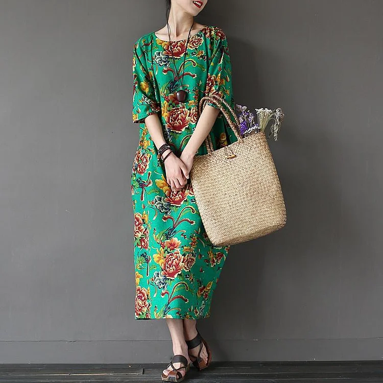 Natural short sleeve cotton linen summer clothes For Women Catwalk green prints Dresses