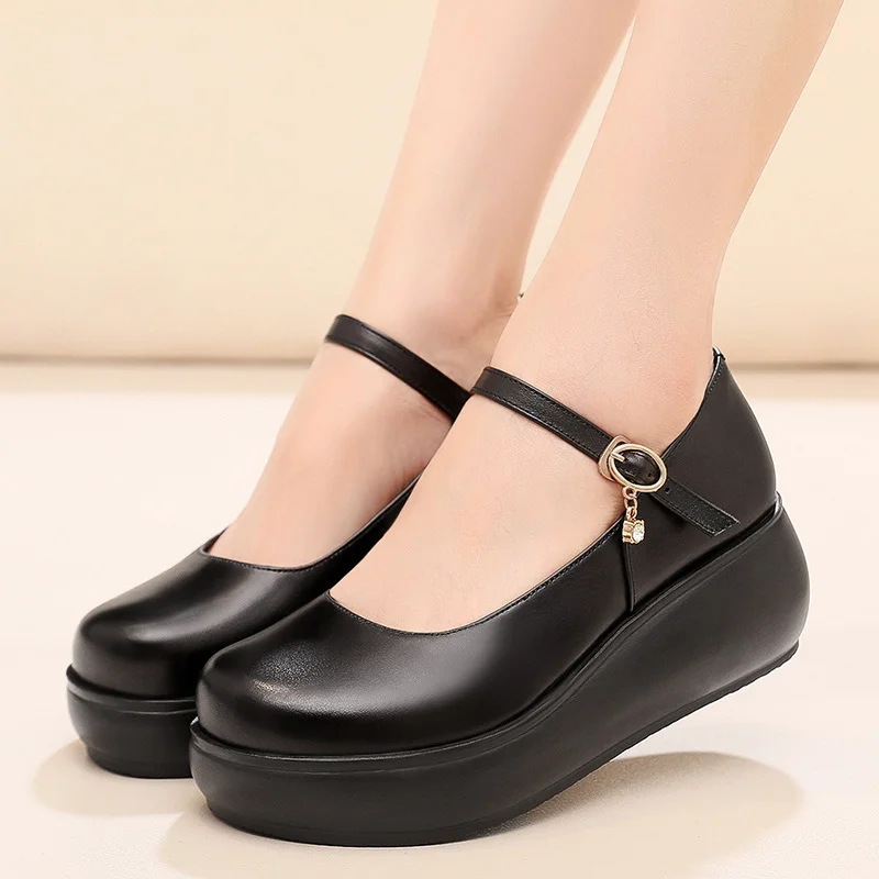 Breakj Breakj Skin Round Head Heel Slope And Shallow Mouth Single Shoes Waterproof Table Casual Leather Shoes Buckle With Loose Cake Thick-Soled Shoes Women Autumn