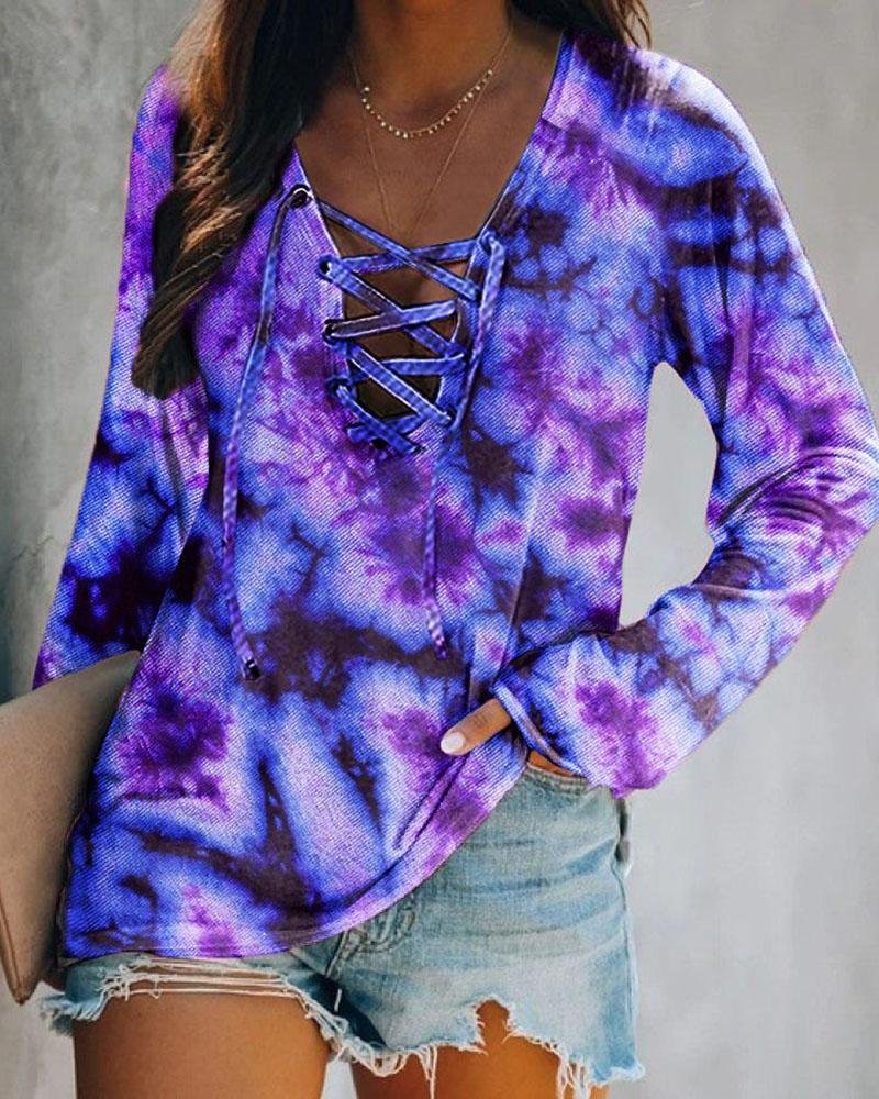 Women's tie-dye printed casual long-sleeved T-shirt-121412