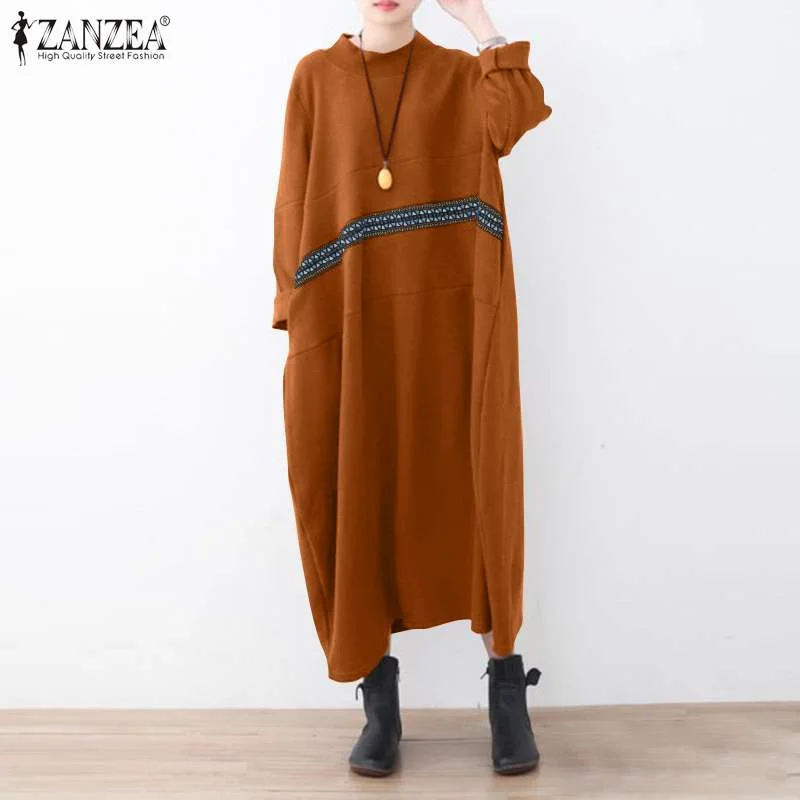 ZANZEA Patchwork Long Sleeves Midi Robe Women's Autumn Sweatshirt Dress Lady Casual Solid Vestidos O Neck Sundress Oversized