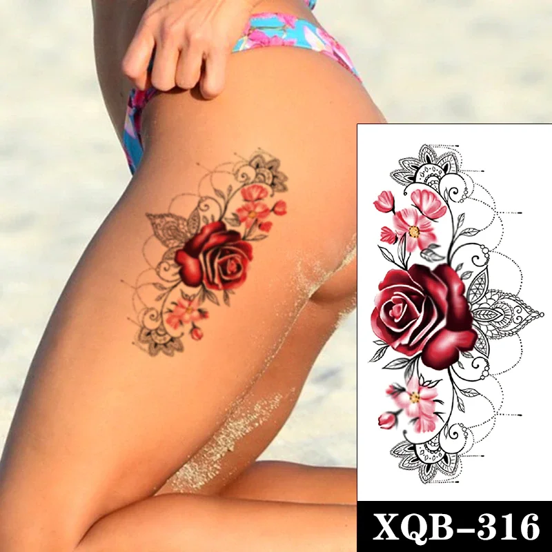 Sdrawing Tattoo Sticker Sexy Rose Sanskrit Flowers Totem Pearl Necklace Fake Tattoos Waterproof Tatoos Arm Large Size for Women