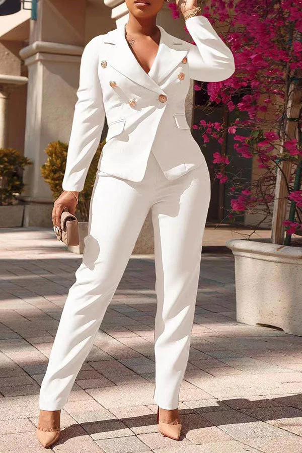 Solid Color Modern Double Breasted Pant Suit