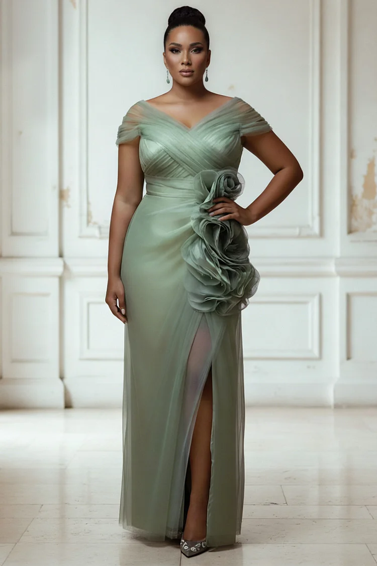 Xpluswear Design Plus Size Mother Of The Bride Satin Sage Green Wrap Neck Short Sleeve 3D Split Tulle Maxi Dresses 2024 - Xpluswear